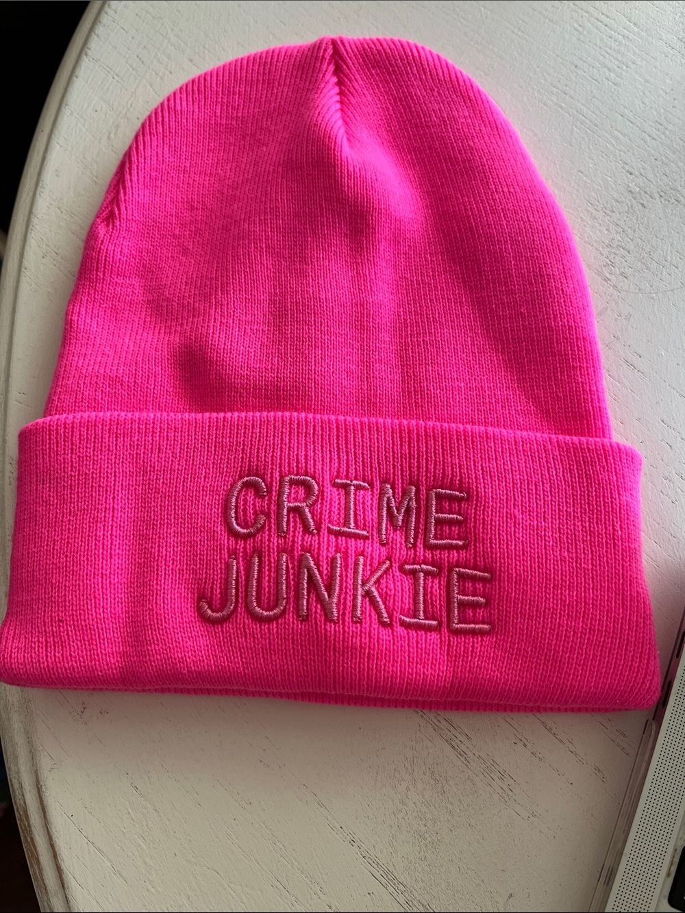 Crime Junkie PInk Beanie NWOT